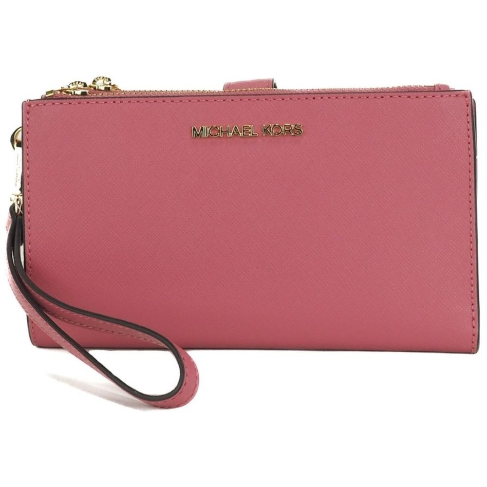NEW Michael Kors Jet Set Travel Large Wristlet Pink Leather Double Zip Wallet - Picture 1 of 8